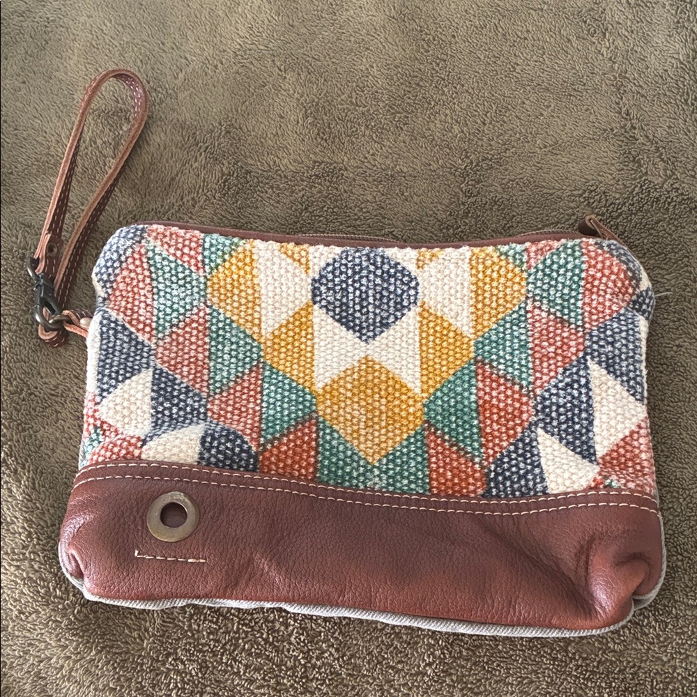 Myra Bag Multicolor Geometric Clutch with Brown Leather